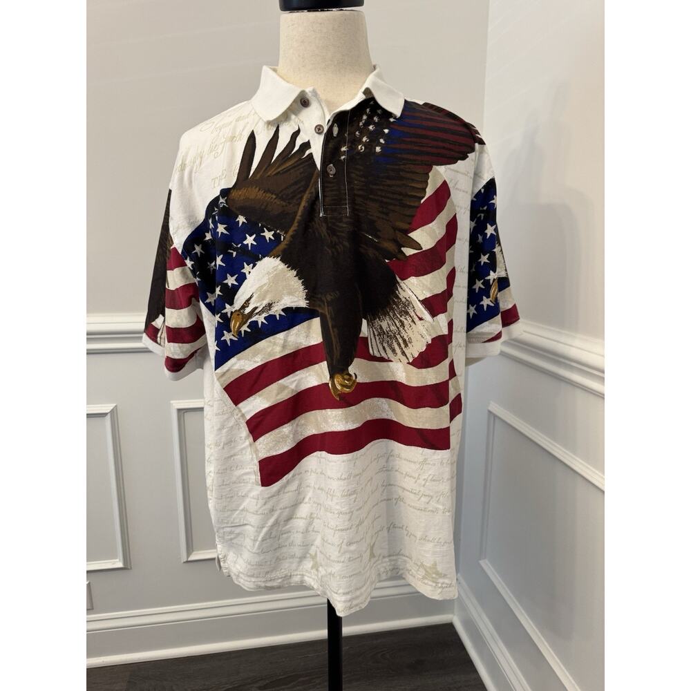 Cotton Traders Sport Polo Shirt Mens XL Patriotic America Eagle All-Over Print